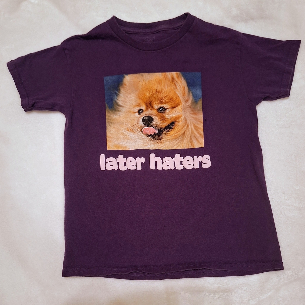 Purple "later haters" dog t-shirt